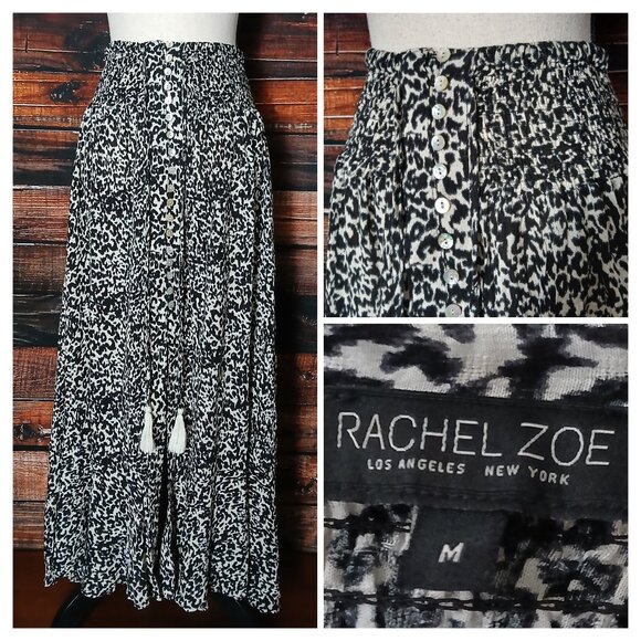 Rachel Zoe Maxi Skirt Size M Hi-Low Smocked Waist Button Front Slit Tassel Tie - Picture 1 of 10